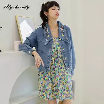 Корейский стиль весна осень женская короткая джинсовая куртка с отложным воротником цветочная вышивка повседневное свободное пальто элегантная женственная верхняя одежда для девочек