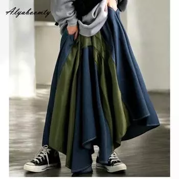 Корейский стиль весна осень женская стильная джинсовая юбка с высокой талией контрастного цвета нестандартная мешковатая юбка винтажные свободные юбки миди женские One Size