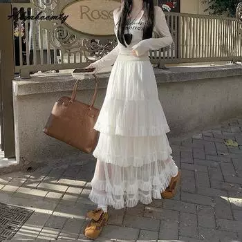 Корейский стиль весна осень женская юбка миди с высокой талией бежево-черная многослойная юбка с оборками элегантные женственные женские шикарные юбки женские One Size