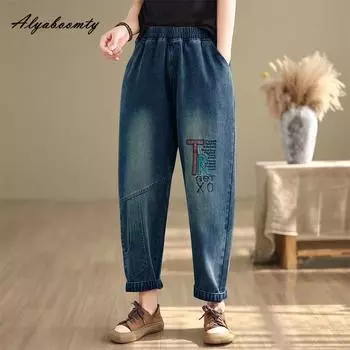 Корейский стиль весна осень женские джинсы-шаровары с эластичной резинкой на талии и аппликациями на талии, уличная одежда, джинсы, винтажные повседневные свободные карманы, джинсовые брюки M