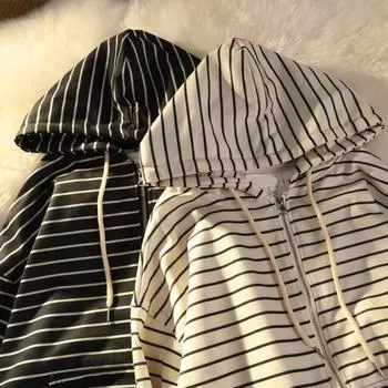 Корейский стиль, весна-осень, женские толстовки на молнии для девочек, топ в винтажную полоску с длинным рукавом, негабаритная толстовка с капюшоном, куртка, повседневные большие пальто M чёрный