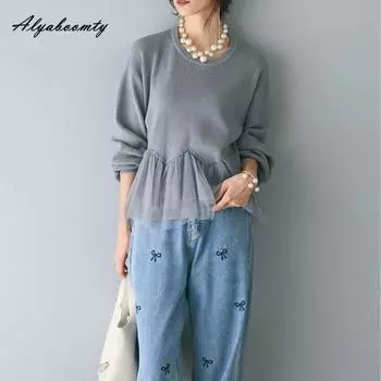 Корейский стиль весна осень женский стильный свитер серый черный пэчворк сетчатый вязаный пуловер базовый универсальный женский повседневный трикотажный топ One Size серый