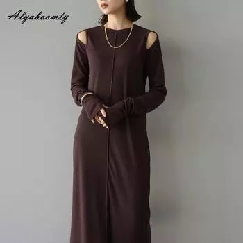 Корейский стиль весна осень женское макси длинное эластичное платье с круглым вырезом черное ажурное стильное платье в уличном стиле с длинным рукавом разрезное платье One Size чёрный