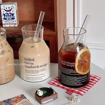 Корейский стиль Зеленый Буквенный Стеклянный Большой Емкости Завтрак Молочный Стакан Бутылка Для Воды Чайная Чашка Кофейная Кружка Стаканы Холодный Напиток 1PCS