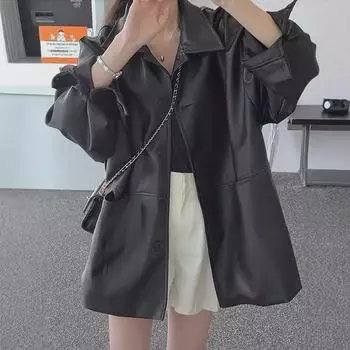 Корейский стиль Женская модная кожаная куртка с лацканами для мотоцикла - осенний свободный кардиган-топ XXL