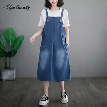 Корейский стиль, женское мешковатое джинсовое платье, повседневное свободное платье из потертого хлопка с подтяжками, синее платье без рукавов больших размеров M