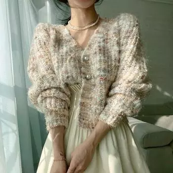 Корейский свитер, кардиган, осень/зима, короткий темпераментный, с жемчужными пуговицами, Радужный контрастный вязаный топ, женский свитер, кардиган, пальто