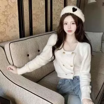 Корейский свитер, маленький ароматный короткий кардиган, свитер, женский двубортный вязаный кардиган с воротником, женский дизайн One Size чёрный