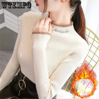 Корейский свитер с подкладкой до половины и высокой горловиной, повседневная нижняя рубашка, женская осенне-зимняя рубашка внутри вязаного свитера S абрикосовый