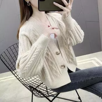 Корейский свитер, весенне-осенняя верхняя одежда, трикотаж, женский кардиган, новинка 2022 года, свободный короткий свитер с v-образным вырезом, пальто, женский топ