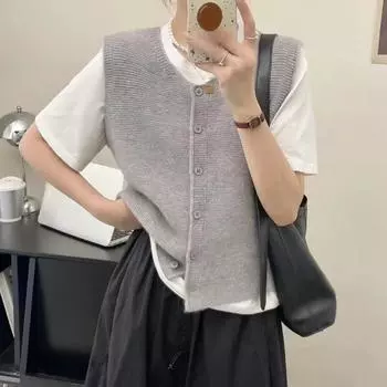 Корейский свитер, жилет, однотонный высококачественный вязаный камзол, весенне-осенний универсальный свободный нежный многослойный жилет, кардиган, женский свитер One Size чёрный