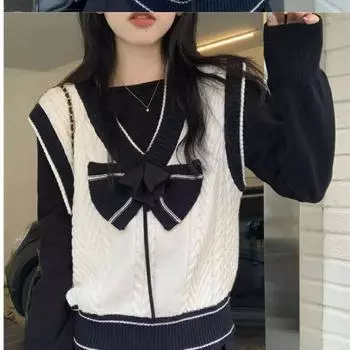 Корейский свитер, жилет, женский черно-белый контрастный вязаный жилет, милый топ с v-образным вырезом, шикарный повседневный свитер без рукавов с бантом, топы