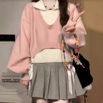 Корейский свободный свитер с воротником-поло розового цвета в стиле ленивой моды для женщин, весна-осень, вязаный свитер в стиле колледжа, комплект из двух предметов, короткий топ one size fits all розовый