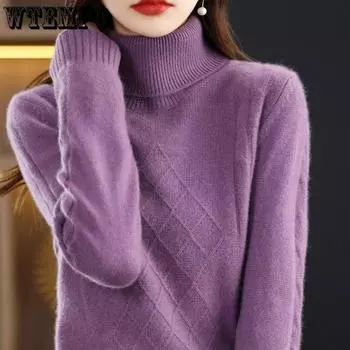 Корейский свободный свитер, женский толстый вязаный свитер с длинными рукавами, однотонный универсальный свитер с высоким воротом, повседневный пуловер для осени и зимы S фиолетовый