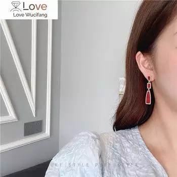 Корейский темперамент винтажный винно-красный длинные геометрические квадратные клипсы без пирсинга эмалированные серьги-клипсы с застежкой-молнией нет