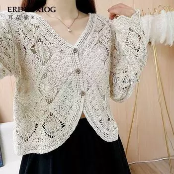 Корейский вариант кружевной рубашки нежного фасона с V-образным вырезом и вязаного свитера для верхней одежды, стильного топа, уникального кардигана. One Size белый