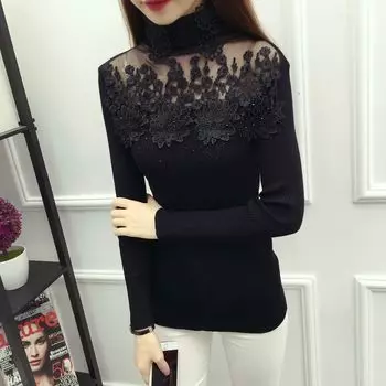 Корейский вариант свитера-пуловера с высоким воротом и женским кружевным сращиванием, облегающий крой, с длинными рукавами, трикотажный базовый свитер M чёрный