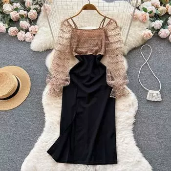 Корейский ветер с квадратным вырезом, с лямкой на шее, сетчатый рукав с пузырьками, дизайн, смысл, ложное платье из двух частей в длинном хип-платье