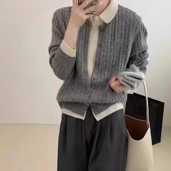 Корейский воротник-поло, соответствующий цвету, поддельный двухсекционный свитер, кардиган, женский, осень и зима, новый свободный ленивый стиль, шикарное вязаное пальто average size розовый