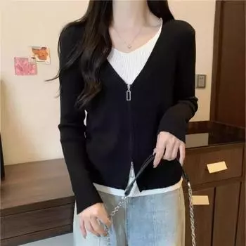 Корейский вязаный кардиган с застежкой-молнией, поддельный, из двух частей, дизайн Pre-Fall, смысл носить базовый слой, рубашка, женский топ One size чёрный