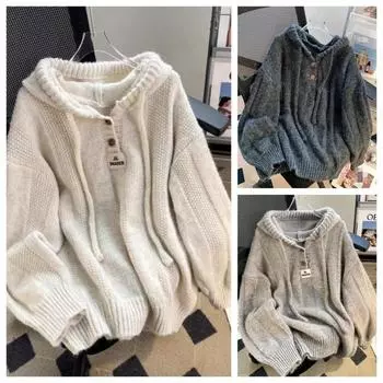 Корейский вязаный свитер с капюшоном для женщин, осень-зима, с длинными рукавами, теплый свободный пуловер на пуговицах, однотонный свитшот Harajuku Lazy Sprots One Size абрикосовый