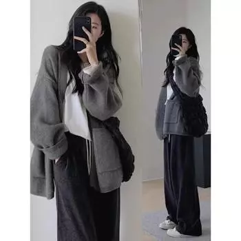 Корейский женский черный свободный карманный кардиган свитер пальто серый модный осенне-зимний отпуск вязаный топ повседневный простота новый One Size чёрный