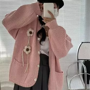 Корейский женский свитер, однотонный цветочный 3D-украшенный женский трикотаж, осенне-зимний новый милый кардиган с длинными рукавами one size