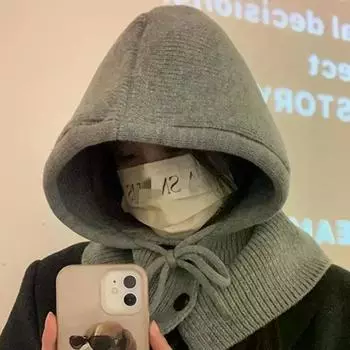 Корейский зимний комплект из шапок и шарфа с пуговицами, шарф-балаклава, теплый комплект с шеей, женский вязаный шерстяной пуловер, шапка, готический Y2k One Size бежевый