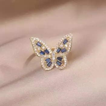 Корейское 14-каратное настоящее золотое покрытие роскошное циркониевое сапфировое кольцо-бабочка элегантное женское открывающееся регулируемое выпускное вечернее кольцо Resizable синий