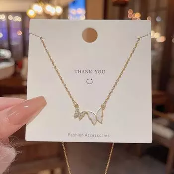 Корейское асимметричное перламутровое ожерелье-бантик - женское легкое роскошное колье из титановой стали X1024 золотой