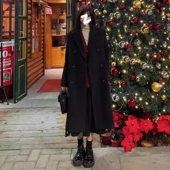 Корейское черное шерстяное пальто для женщин 2024 года, осень-зима, новое шерстяное пальто в стиле Хепберн с утолщенной передней частью на плече S