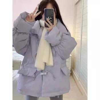 Корейское хлопковое пальто-пуховик женское короткое новое корейское свободное хлопковое пальто с роговыми пуговицами пальто-хлеб S чёрный