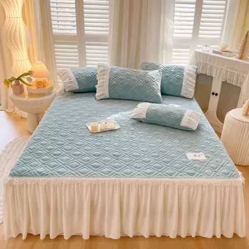 Корейское кружевное молочно-бархатное покрывало на кровать с рюшами, толстое покрывало королевского размера, стеганое покрывало для двуспальной кровати, мягкое теплое с 2 наволочками Only 2pcs pillowcase синий
