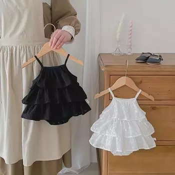Корейское летнее платье-комбинезон для девочек - цельный комбинезон в стиле принцессы с многослойной юбкой 80 cm чёрный