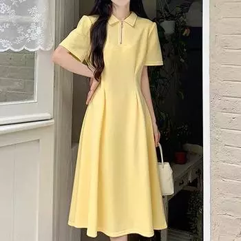 Корейское летнее платье в стиле преппи, модные однобортные повседневные платья трапециевидной формы с отложным воротником и высокой талией, однотонное макси M чёрный