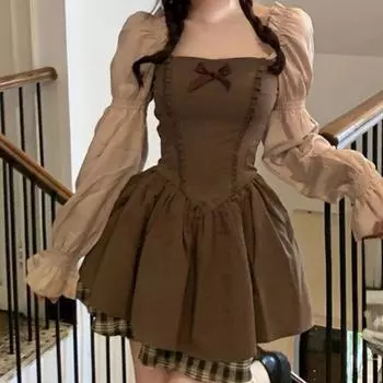 Корейское лоскутное женское платье контрастного цвета с бантом, туника с тонкой талией, милые платья Y2k, эстетичная мода, элегантное платье с пышными рукавами S коричневый