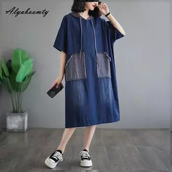 Корейское модное негабаритное летнее женское джинсовое платье с капюшоном, повседневное свободное мытье, хлопковое платье с разрезом, мешковатое базовое платье с короткими рукавами, платье больших размеров M