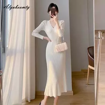 Корейское модное осенне-зимнее женское платье-свитер с v-образным вырезом, абрикосовое черно-красное вязаное платье, элегантное теплое вязаное платье трапециевидной формы One Size чёрный