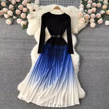 Корейское модное вязаное плиссированное платье с градиентом, женское тонкое и универсальное платье длиной до колена в иностранном стиле