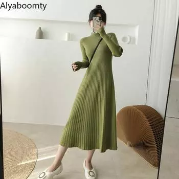 Корейское осенне-зимнее женское однотонное теплое плотное платье, водолазка, черное армейское зеленое вязаное платье, элегантное длинное свободное платье-свитер One Size чёрный