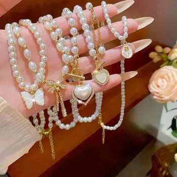 Корейское ожерелье из жемчуга Bucklo с подвеской Love - роскошная цепочка на ключицу для женщин 6mm Pearl Necklace золотой