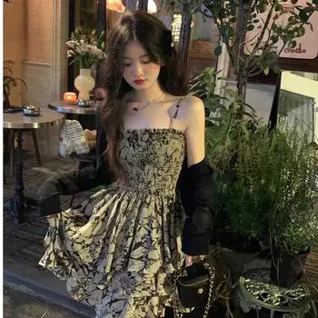 Корейское платье на тонких бретельках, комплект кардигана, женский летний сарафан, черное платье с шалью и цветочным принтом, комплект из двух предметов, женские платья S