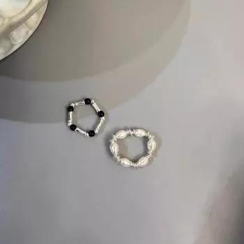 Корейское плетеное кольцо с жемчугом и черным агатом из серебра - элегантный роскошный модный аксессуар для женщин J4565