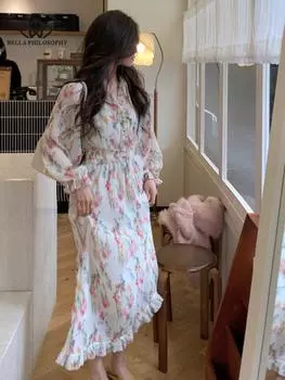 Корейское плиссированное длинное платье с длинными рукавами и талией, элегантное платье миди для выпускного вечера, элегантное платье макси S