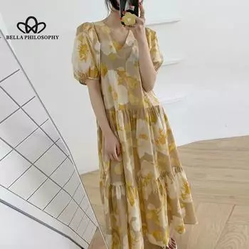 Корейское шикарное летнее французское ретро-плиссированное свободное платье с v-образным вырезом выше колена и длинными пышными рукавами ONE SIZE жёлтый