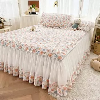 Корейское стеганое хлопковое покрывало в деревенском стиле Queen King Size, покрывало на кровать, юбка с рюшами и принтом, односпальная двуспальная кровать с 2 подушками 120x200cm 47x79inch