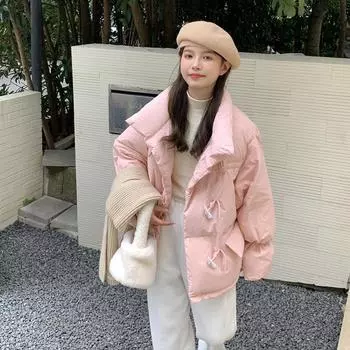 Корейское свободное хлопковое пальто для женщин, теплая одежда на пуговицах с рогом S розовый
