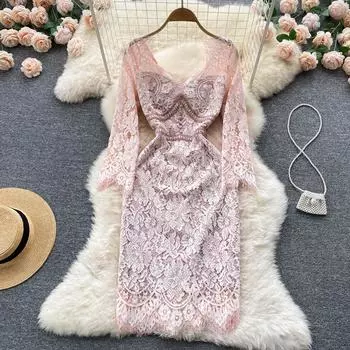 Корейское темпераментное легкое роскошное сладкое кружевное платье знаменитостей в тонком облегающем стиле, сексуальное платье Pure Desire