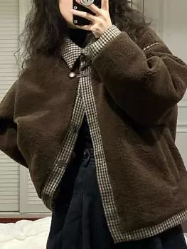 Корейское зимнее коричневое пальто для женщин, модное теплое толстое шерстяное пальто в стиле пэчворк, женское повседневное винтажное уличное пальто с пуговицами S коричневый