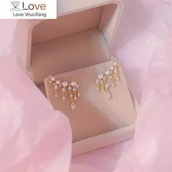 Корея продает модные ювелирные изделия 14K настоящее золото циркон висячие серьги элегантные жемчужные женские выпускные вечерние серьги белый